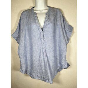 M & S Pure Linen Popover Tunic Top Chambray Blue Size 16 Lagenlook Classic